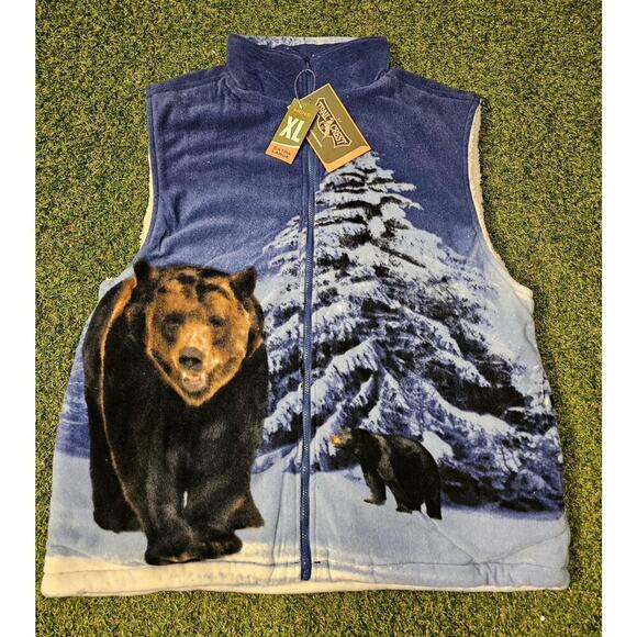 Trail Crest Vest Mens XL Blue Brown Bear Trees Fleece Sherpa Lined Nature - Picture 1 of 6